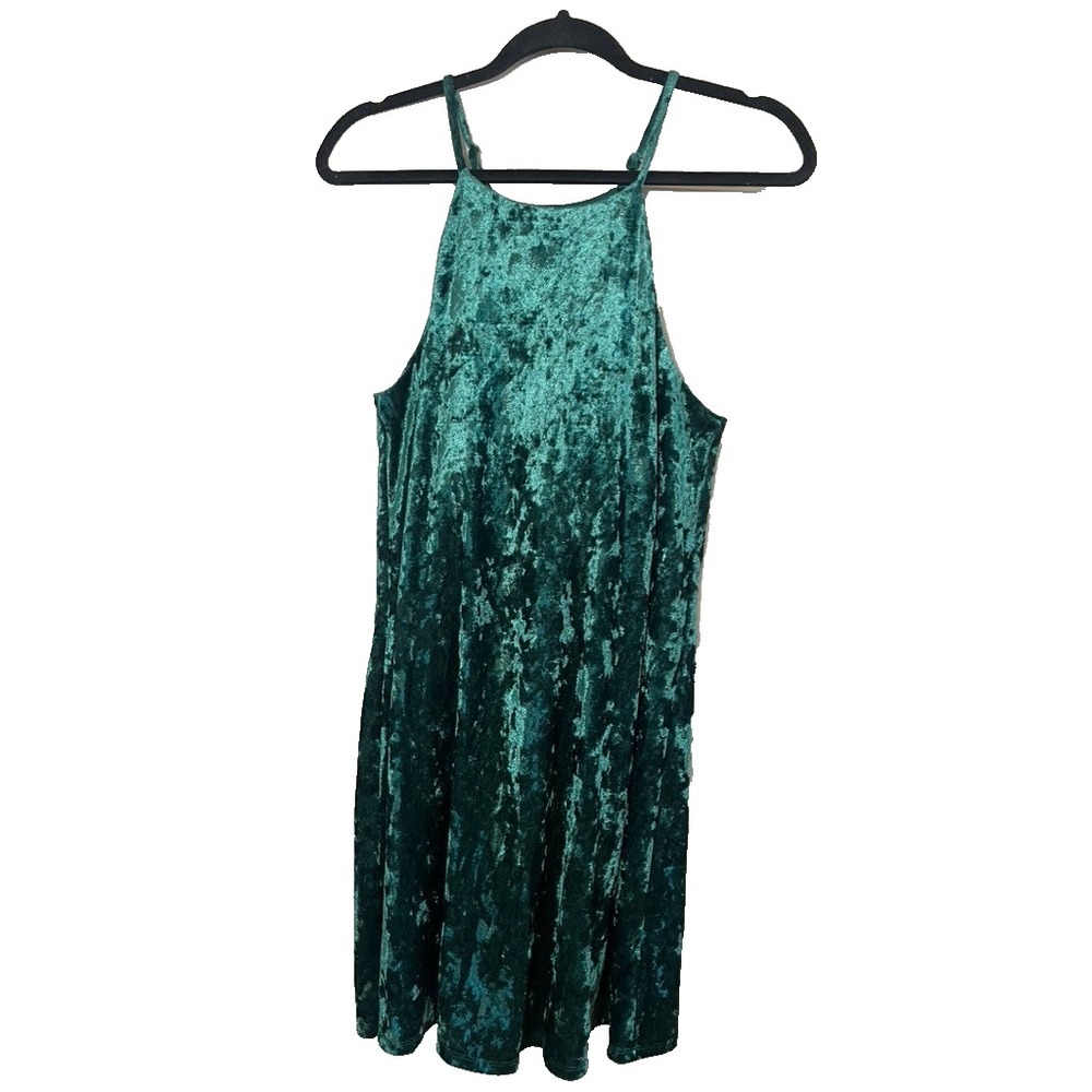 Retro Velvet Halter Tank Mini Dress Green S Festive Holiday Shiny Grunge Chic